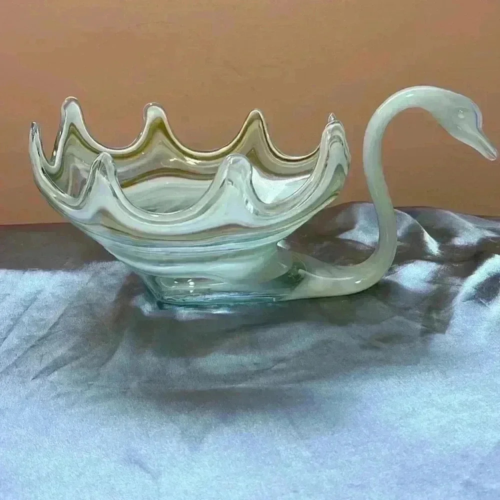 1970s Sooner Glass Multi Color Blue Swirl  Swan Bowl with Ruffled Rim